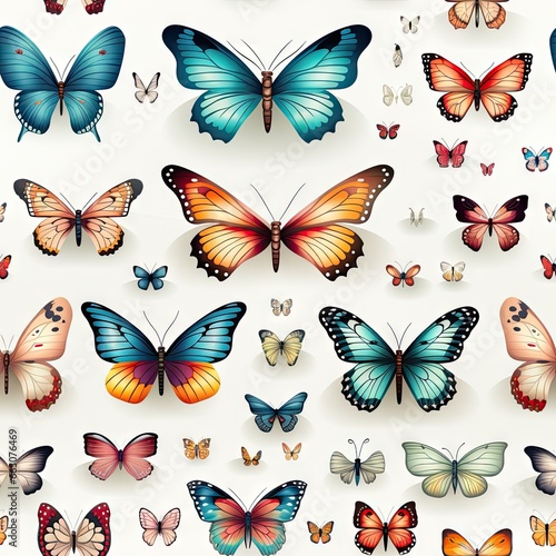 A close up of a bunch of colorful butterflies on white background seamless pattern © Anjali