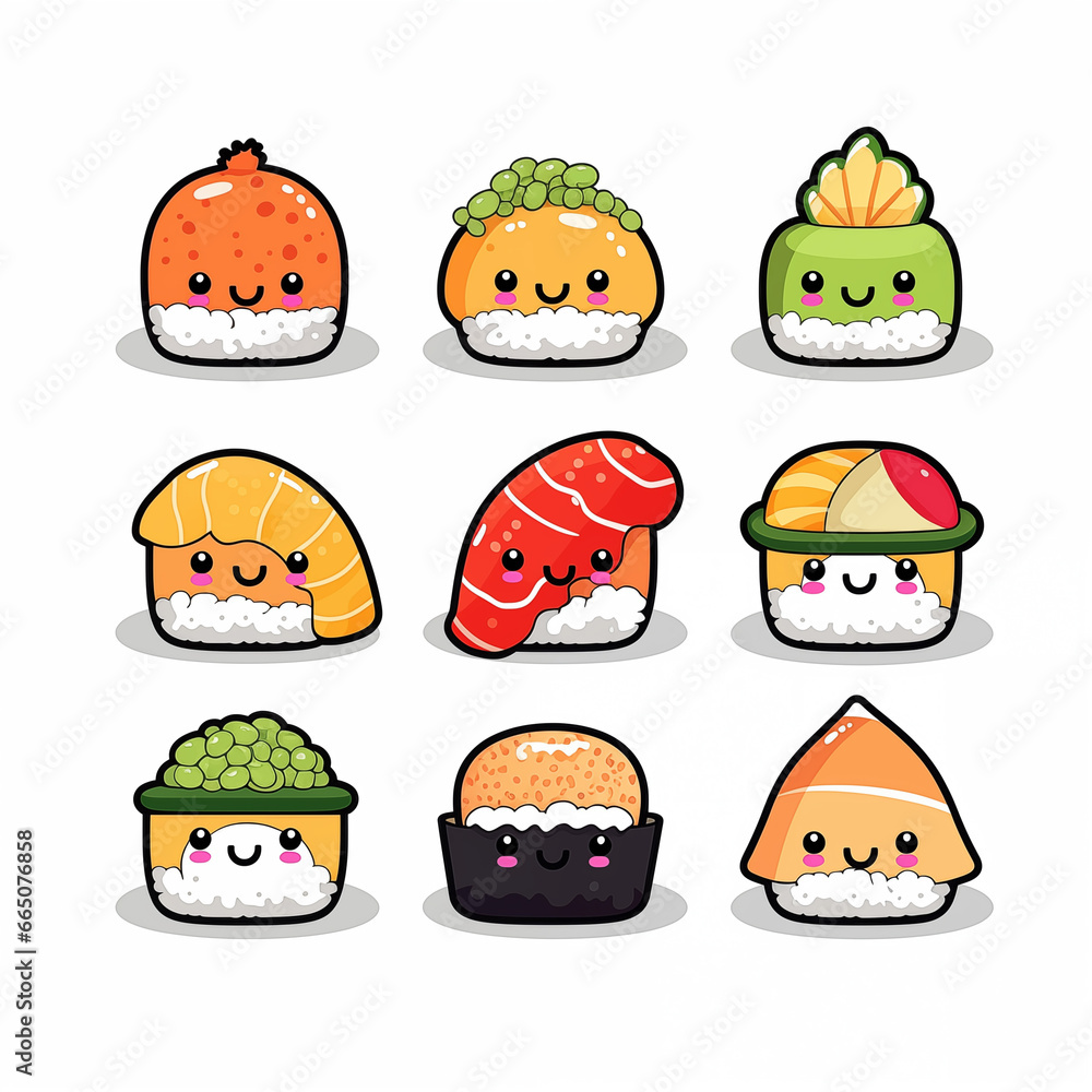 Fototapeta premium Children painting and drawing of sushi, salmon, carrot, story, cute 