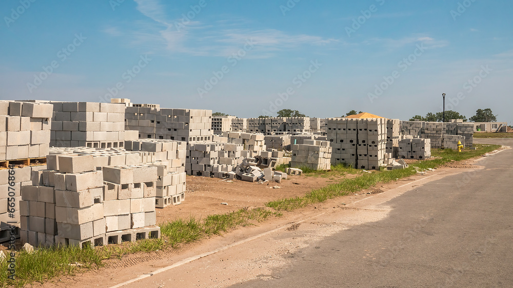 Many stacks of concrete blocks for construction of single-family houses along a new street in a suburban development on a sunny morning during a residential building boom in southwest Florida