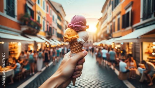 Hand holding a gelato cone with three colorful scoops against a scenic European street at sunset.