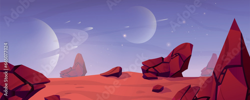 The landscape of Mars. Alien game background, cartoon vector illustration.
