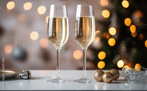 Glasses with champagne on the background of Christmas decorations.