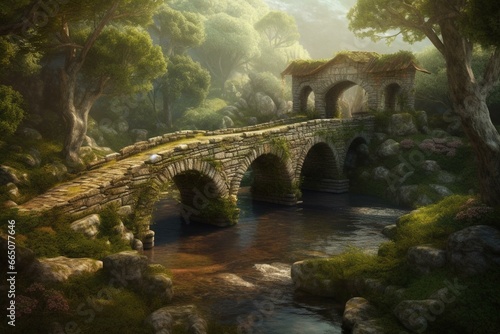 Enchanting scene of a magical land featuring a stone bridge. Generative AI