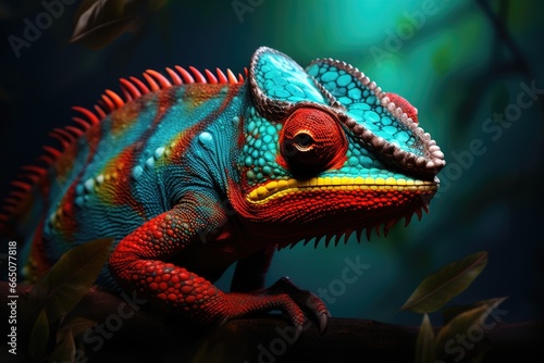 A vibrant reptile perched on a branch