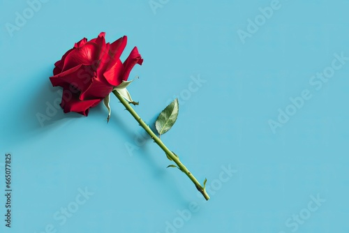 Red rose flower on blue background. Romantic Valentine's holiday concept.
