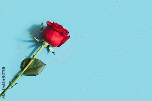 Red rose flower on blue background. Romantic Valentine's holiday concept.