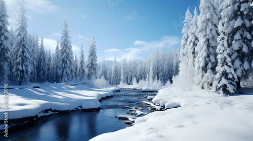 Snow covered trees and mountains in winter, natural scenery. Generative AI