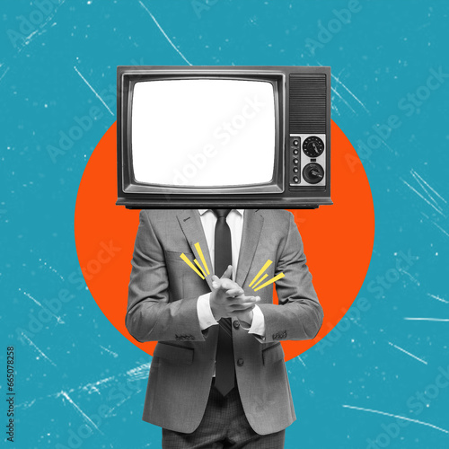 A business man with a retro television instead of a head against a blue background, surrealism. photo