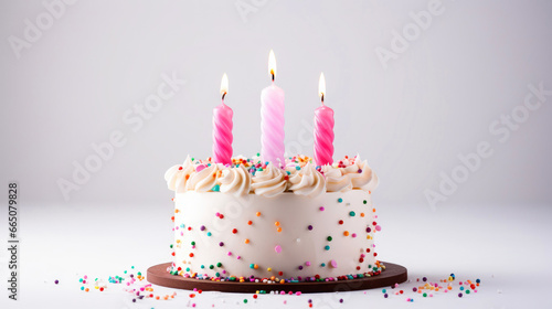 A buttercream covered birthday cake with candles photo