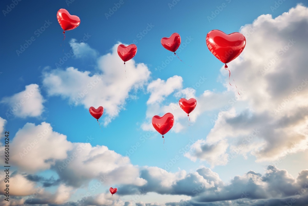 Several heart-shaped balloons float in the air against a backdrop of blue sky and white clouds. Generative AI