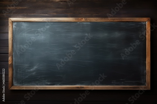 A blank chalkboard hanging on a rustic wooden wall