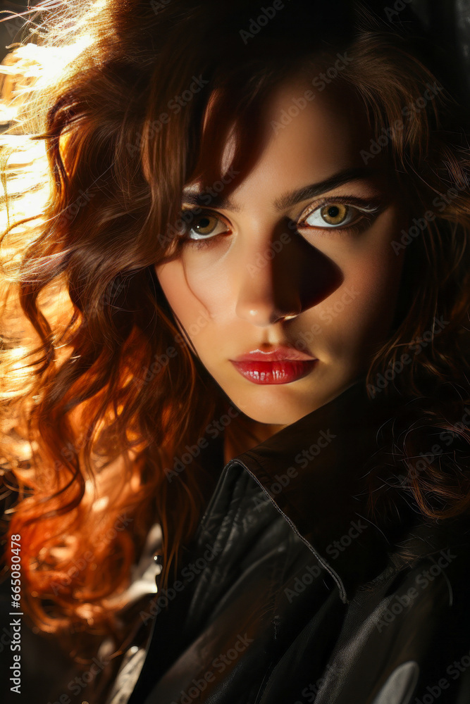 Young woman with lively shadow in dark, mysterious scene. Young woman with lively shadow in dark, mysterious scene.