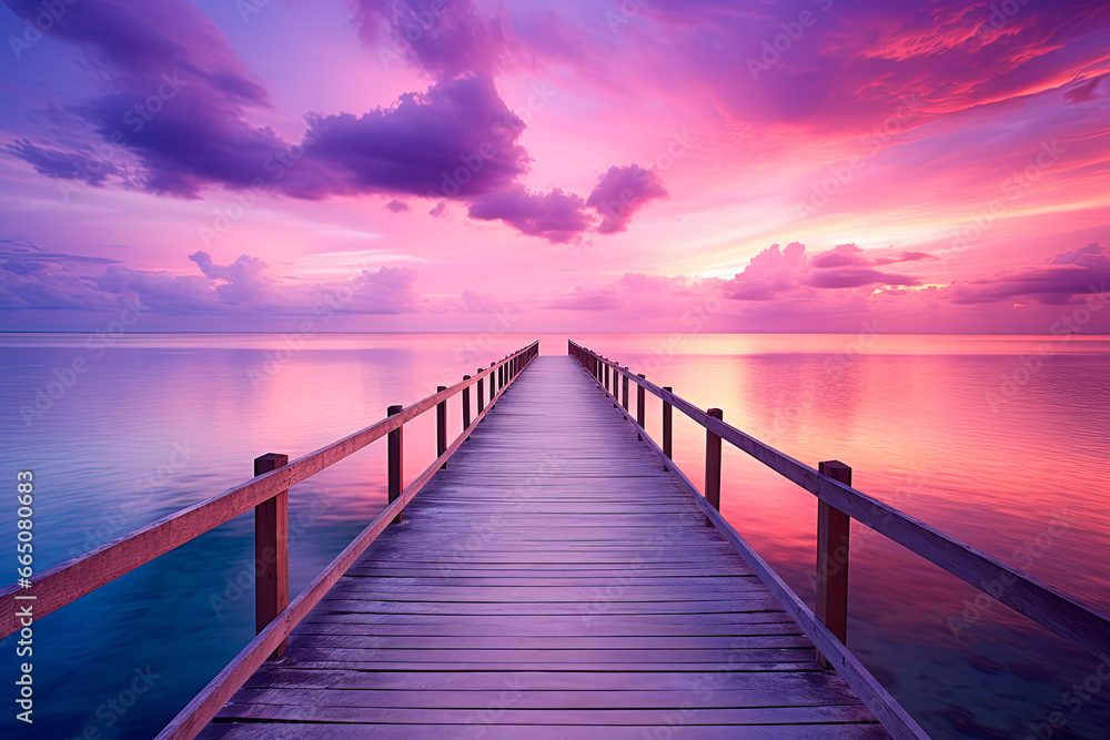 A pier stretching out into the ocean at purple sunset. Generative AI