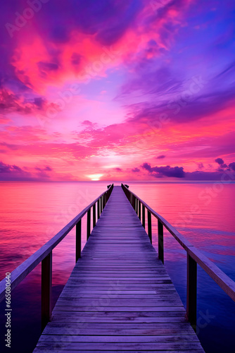 A pier stretching out into the ocean at purple sunset. Generative AI © Oleksandr