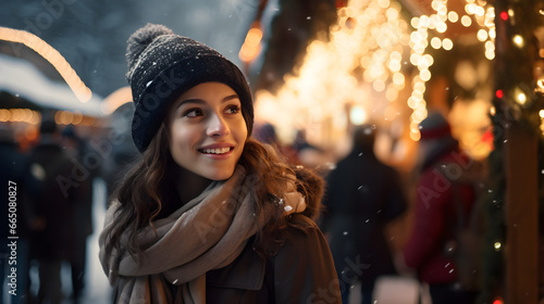 A young girl walks along a New Year's street with lights © Taisiia