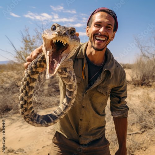 happy hispanic man holding crazy rattlesnake photo