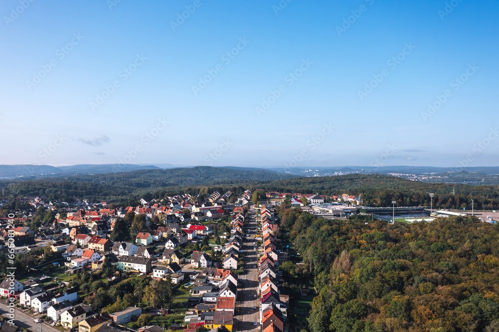 Aerial autumn skyline cityscape of Spiesen-Elversberg, Neunkirchen, Saarland, Germany