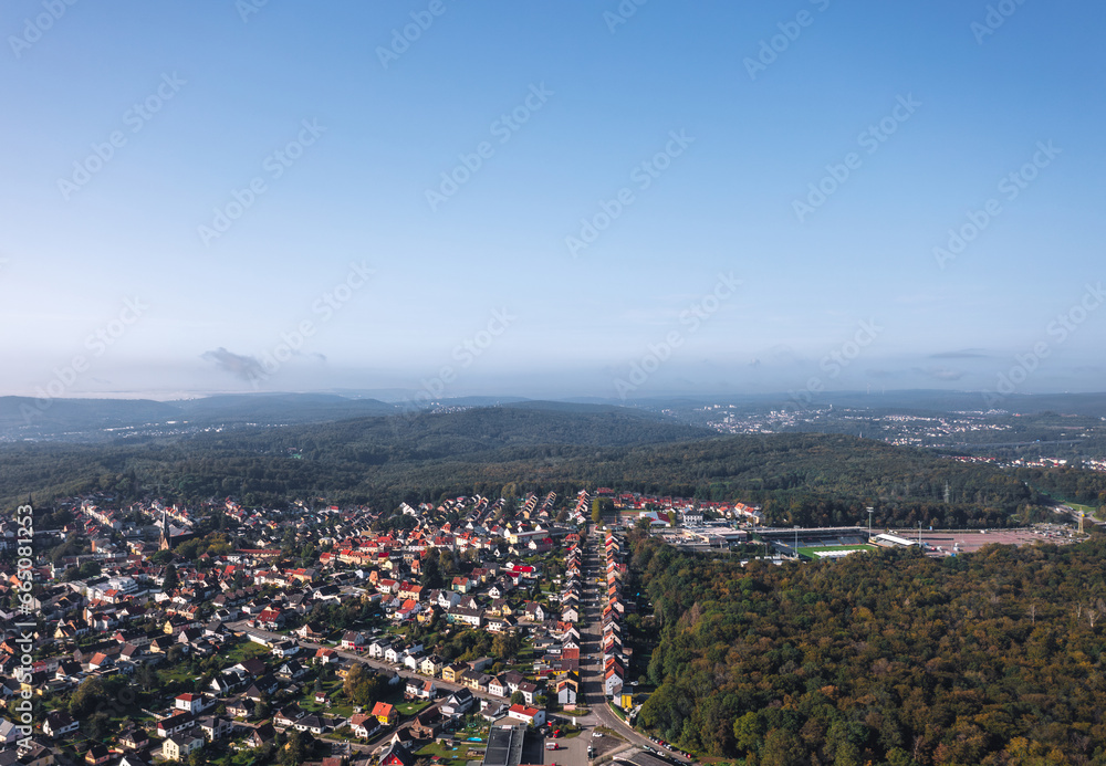 Aerial autumn skyline landscape of Spiesen-Elversberg, Neunkirchen, Saarland, Germany