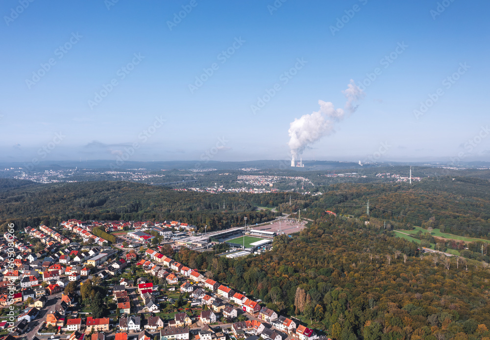 Aerial autumn skyline cityscape of Spiesen-Elversberg, Neunkirchen, Saarland, Germany