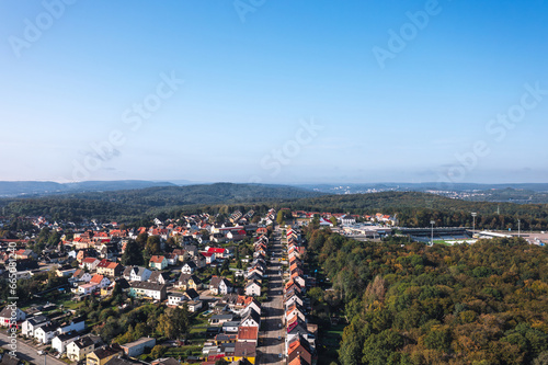 Obraz na płótnie Aerial autumn skyline cityscape of Spiesen-Elversberg, Neunkirchen, Saarland, Germany w salonie