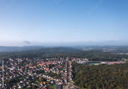 Obraz na płótnie Aerial autumn skyline landscape of Spiesen-Elversberg, Neunkirchen, Saarland, Germany w salonie