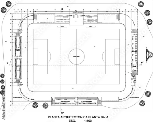 Vector sketch illustration of architectural design of stadium building for football sport