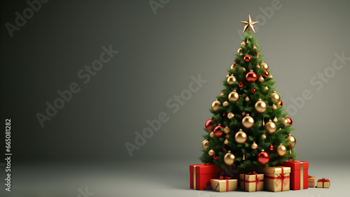 Illustration of a Christmas tree decorated with red and golden balls, golden star and ribbon, lots of gift boxes and copy space, isolated on light green background, horizontal 9:16 