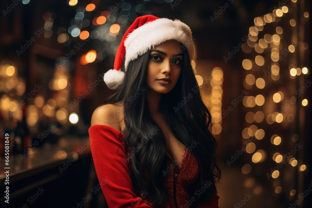 East Indian Female As Christmas St Nick Winter Backdrop Generative AI - obrazy, fototapety, plakaty 
