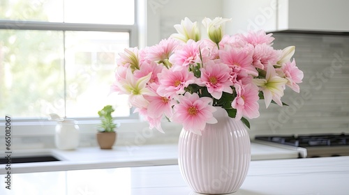 A white vase full of pink flowers is sitting on counter.