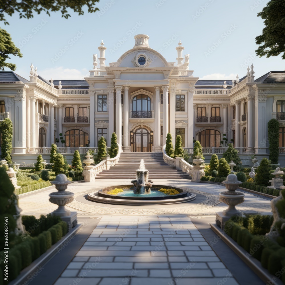 modern greek mansion, fountain, driveway