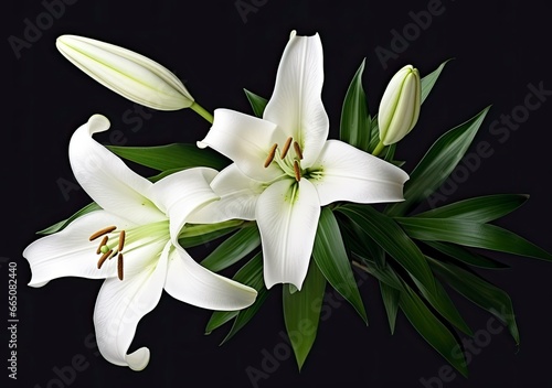 Beautiful fresh lily flower with green leaves, isolated on black background. AI Generated © Anowar
