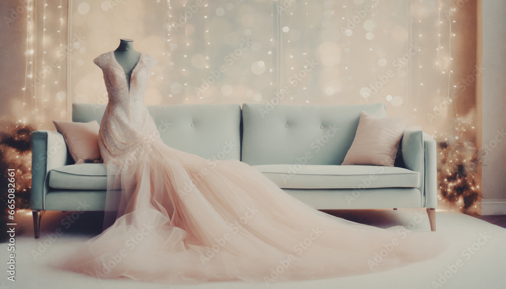 immagine con elegante abito da sera femminile su un manichino, divano, ambiente lussuoso e raffinato
 - obrazy, fototapety, plakaty 