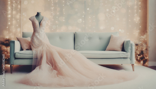 immagine con elegante abito da sera femminile su un manichino, divano, ambiente lussuoso e raffinato
 photo