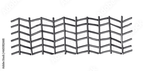 Horizontal pattern, texture, line hand drawn. Hatch drawing pen ink and crosshatch draw pencil sketch Doodle scratch style. Black shape on white background. Vintage graphic design. Vector illustration