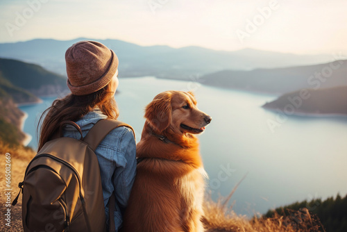 Generative AI portrait illustration of young girl sitting with doggy admiring river view
