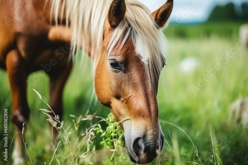 Brown horse with blond hair eats grass on a green meadow detail from the head. © Anowar
