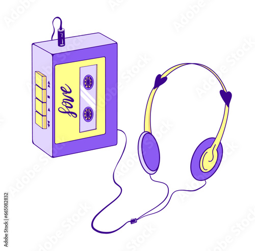 Retro audio music player with headphones. Vintage  90s audio tape recorder vector illustration. Nostalgia for 1990s.