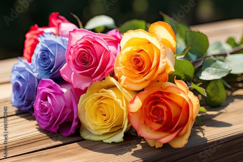 Bunch of multi colored roses on wooden planks  happy birthday lying on planks.