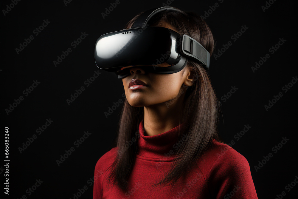 Image of headset user wearing vr glasses watching surreal colorful fantasy world generative AI concept Image of headset user wearing vr glasses watching surreal colorful fantasy world generative AI concept