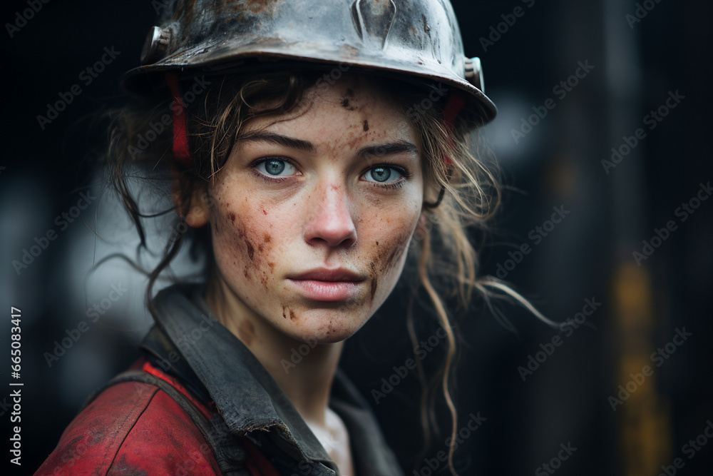 Generative ai technology portrait of mine worker wearing hardhat helmet standing in a mine Generative ai technology portrait of mine worker wearing hardhat helmet standing in a mine