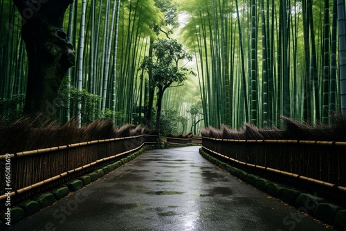 A beautiful bamboo grove in Arashiyama. Generative AI