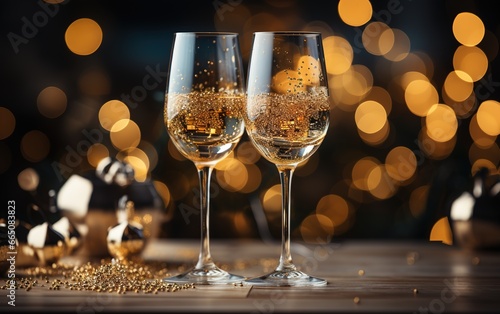 Two glasses of champagne over blur spots lights background. Celebration concept, free space for text generated with ia
