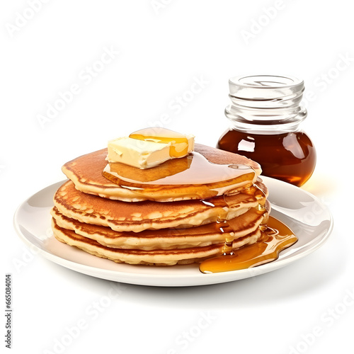 stack of pancakes on a white plate with butter and syrup isolated on white background, stack of pancakes with butter and honey