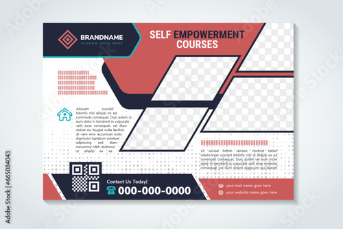 Business webinar horizontal banner template design. Modern design white background. red and blue element. Usable for banner, cover, and header. self empowerment couse headline. dot halftone pattern. photo