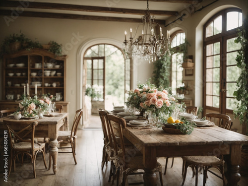 French country-inspired dining room with a rustic farmhouse table, ladder-back chairs, and floral tableware. Home interior design with provincial charm.