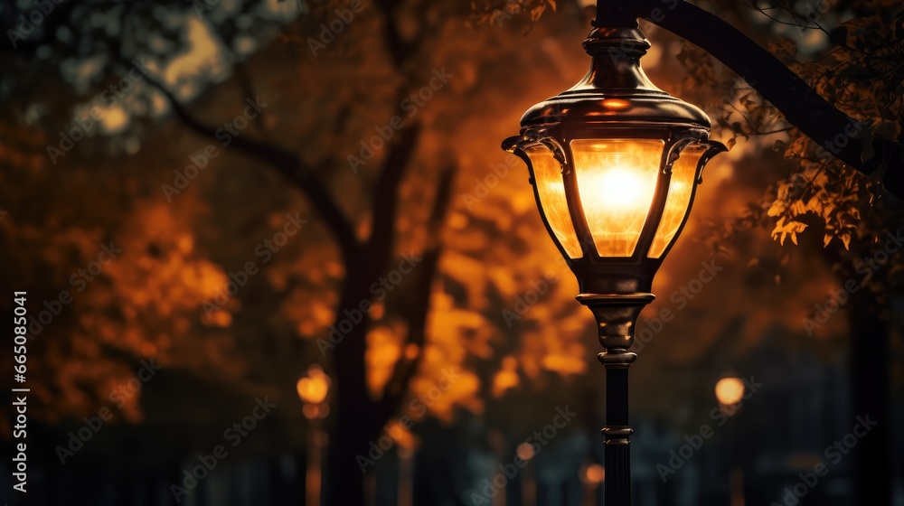City Twilight Magic: A decorative magic lamp emits a warm yellow light, adding a touch of enchantment to the city twilight. Ample copy space for your text City Twilight Magic: A decorative magic lamp emits a warm yellow light, adding a touch of enchantment to the city twilight. Ample copy space for your text