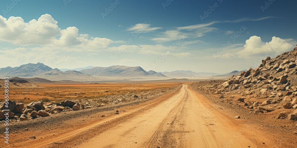 An empty dirt road leading to the mountains