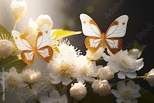 Goden butterflies with white flowers. photo