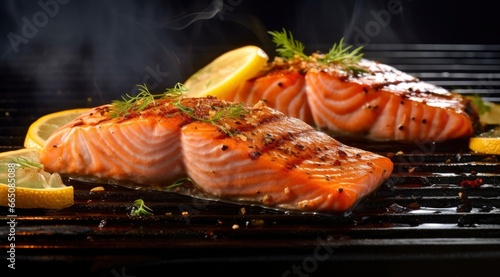 Gourmet cutlet of fresh salmon seasoned with herbs, spices, and lemon zest grilling on a griddle. photo