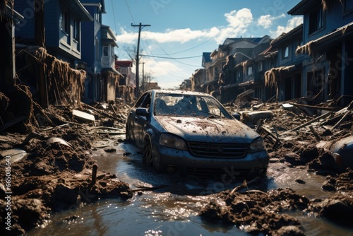 A stranded vehicle stuck in muddy terrain